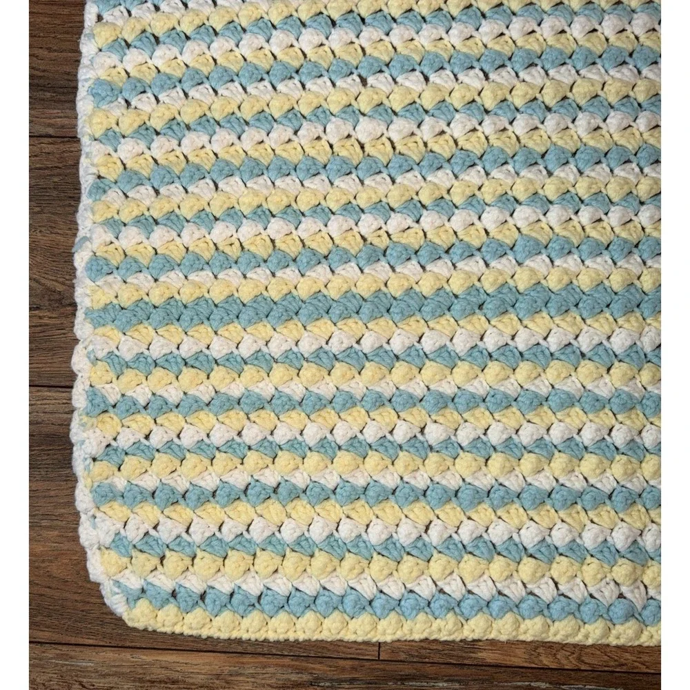 Vtg Crotchet Baby Blanket HandKnitted Blue & Yellow Boys Nursery Soft‎ 34x35in